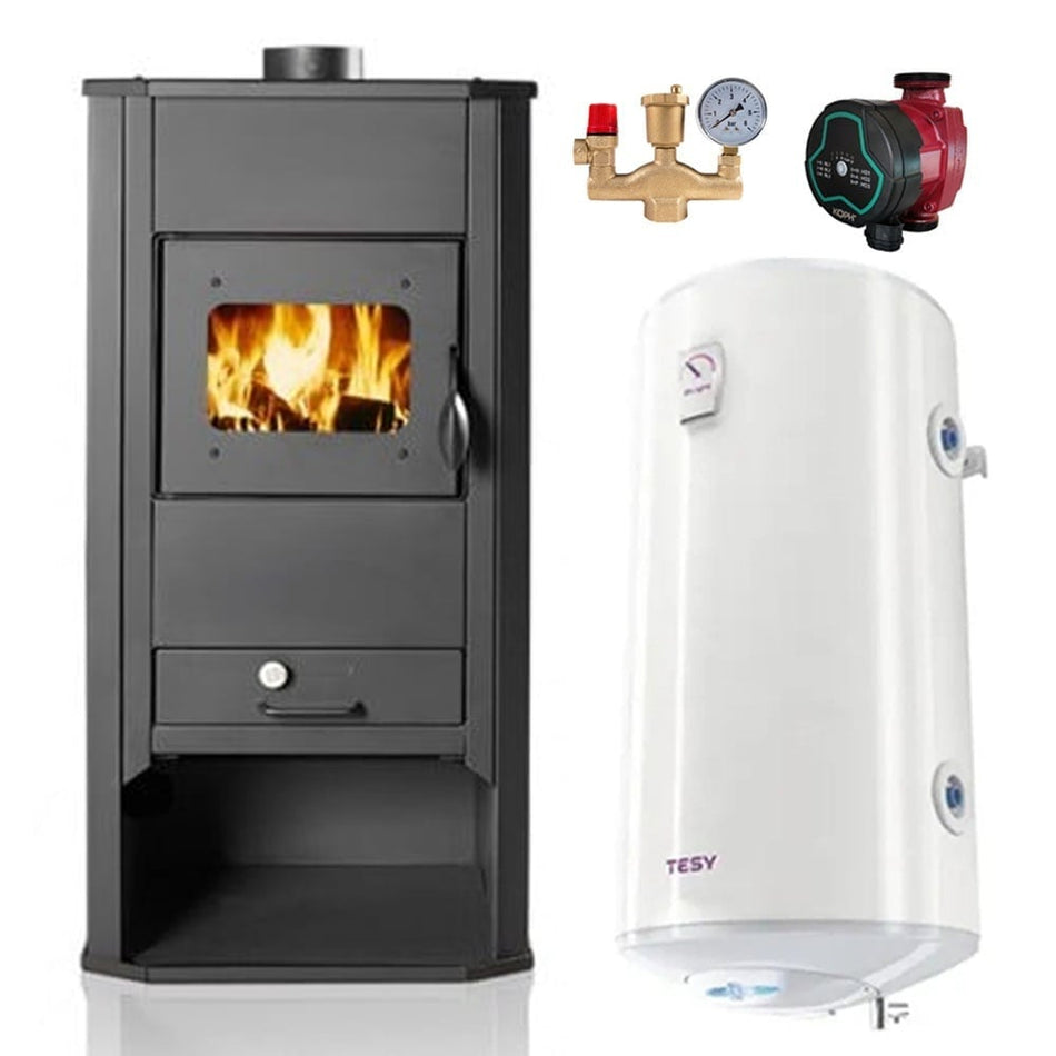 Pachet Termosemineu pe lemne/brichete Termax Kamin 21 kW, manta apa 22 litri, diametru cos fum 120 mm, Bordo, Grup siguranta, Pompa recirculare si Boiler termoelectric Tesy 100 litri