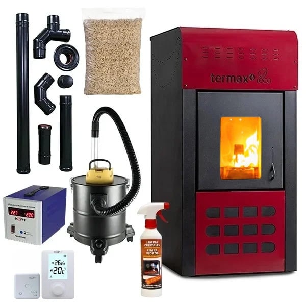 Pachet termosemineu pe peleti Termax Kamin ECO, 25 kW, 160 mp, buncar peleti 45 kg, volum apa 42 litri, diametru cos fum ⌀80 mm, vas expansiune si pompa recirculare incluse, Bordo