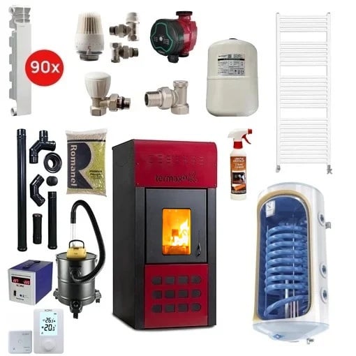 Pachet termosemineu pe peleti Termax Kamin ECO, 25 kW, 160 mp, buncar peleti 45 kg, volum apa 42 litri, diametru cos fum ⌀80 mm, Boiler Termoelectric 120 litri, Elementi Aluminiu + Accesorii Montaj