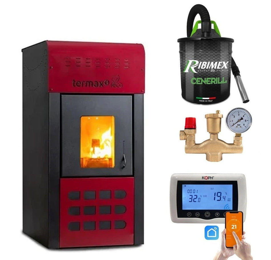 Pachet Termosemineu pe peleti Termax Kamin ECO, 25 kW, 160 mp, buncar peleti 45 kg, volum apa 42 litri, diametru cos fum ⌀80 mm, vas expansiune si pompa recirculare incluse, Termostat inteligent KOPH CT99, Grup de siguranta, Aspirator cenusa