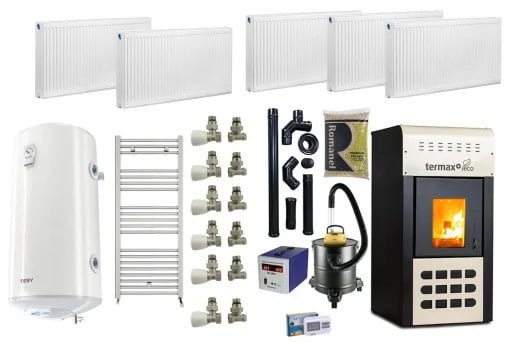 Pachet termosemineu pe peleti Termax Kamin ECO, 25 kW, cu agent termic, Calorifere, Boiler Termoelectric 100 litri, recomandat pentru 160 mp