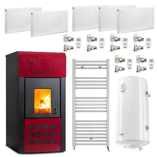 Pachet termosemineu pe peleti Termax Kamin ECO 25 kW, pompa de reciculare si vas expansiune inclus, 5 calorifere tip panou, un calorifer portprosop, 6 seturi robineti, boiler termoelectric 100 litri