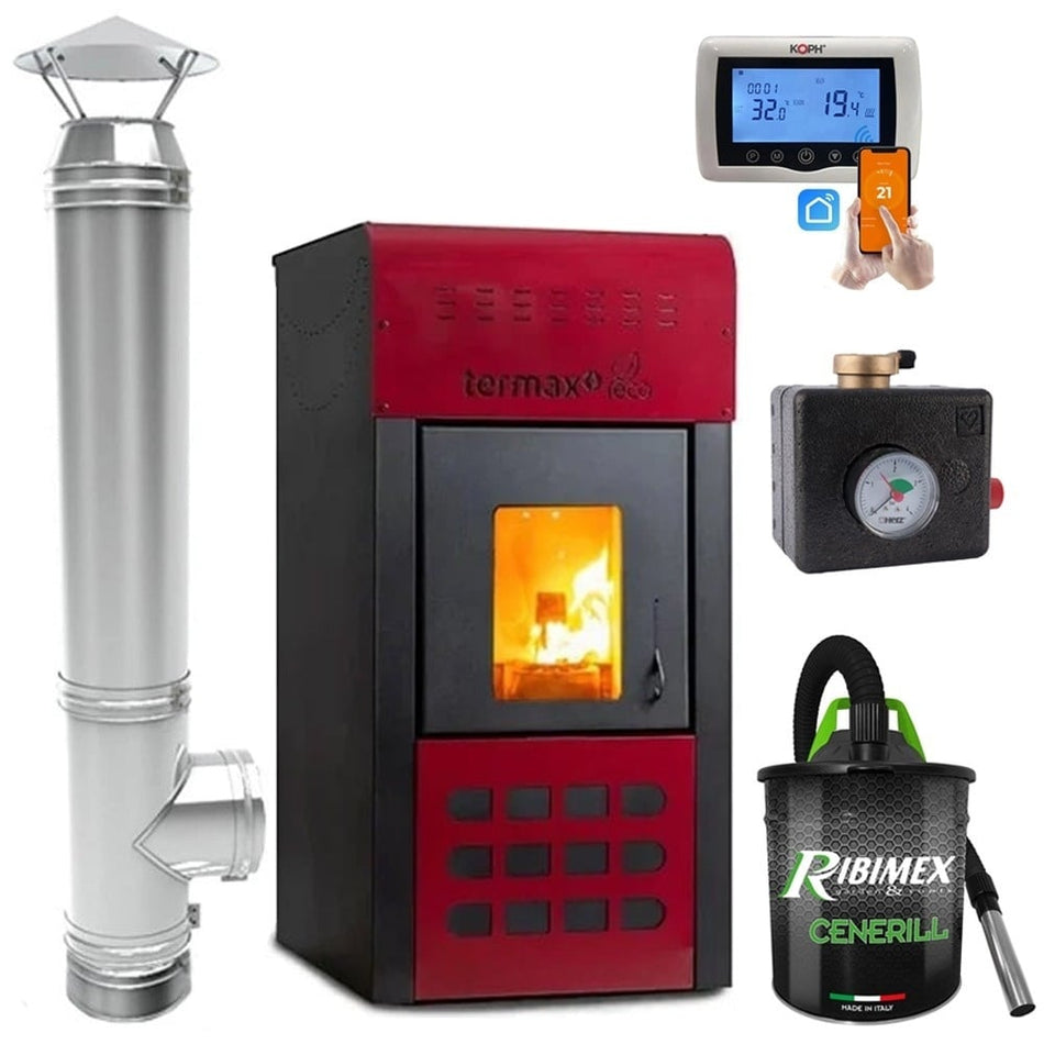 Pachet Termosemineu pe peleti Termax Kamin ECO, 25 kW, vas expansiune, pompa recirculare incluse si cos de fum din inox cu dublu perete, inaltime 4 metri, diametru interior ⌀80 mm, Grup de siguranta, Termostat inteligent KOPH CT99, Aspirator cenusa