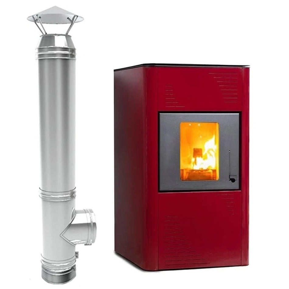 Pachet Termosemineu pe peleti Termax Kamin PM 15 kW, 120 mp, buncar peleti 30 kg, volum apa 30 litri, diametru cos ⌀80 mm, vas expansiune, pompa recirculare incluse si cos de fum din inox cu dublu perete, inaltime 4 metri, diametru interior ⌀80 mm