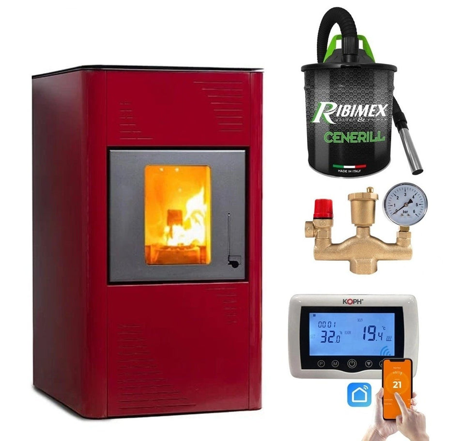 Pachet Termosemineu pe peleti Termax Kamin PM 15 kW, 120 mp, buncar peleti 30 kg, volum apa 30 litri, diametru cos fum ⌀80 mm, vas expansiune si pompa recirculare incluse, Termostat inteligent KOPH CT99, Grup de siguranta, Aspirator cenusa