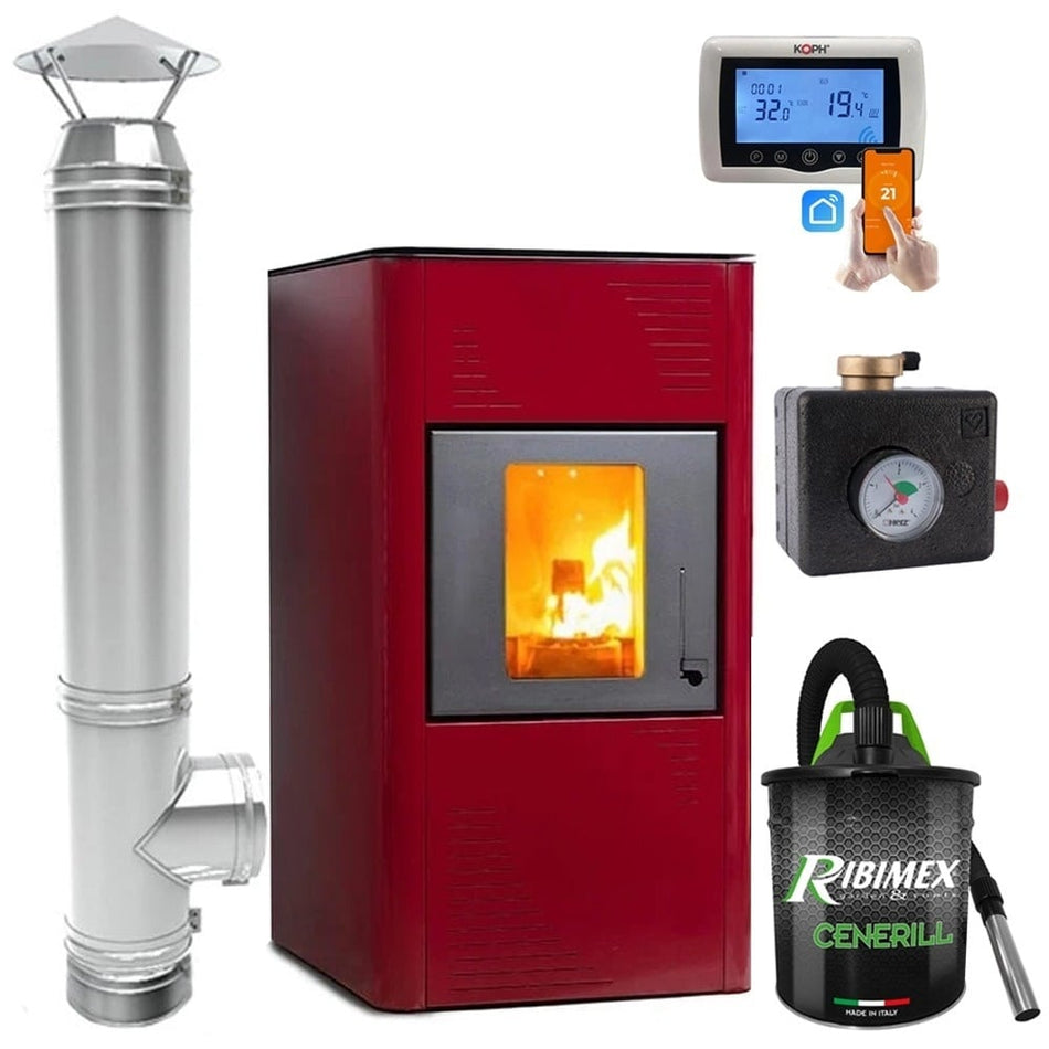 Pachet Termosemineu pe peleti Termax Kamin PM 15 kW, vas expansiune, pompa recirculare incluse si cos de fum din inox cu dublu perete, inaltime 4 metri, diametru interior ⌀80 mm, Grup de siguranta, Termostat inteligent KOPH CT99, Aspirator cenusa