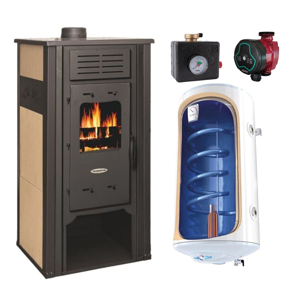 Pachet termosemineu Termax Hydra, 6.5 kW, randament 75.5%, 43 m², Bej, Grup siguranta, Pompa recirculare si Boiler termoelectric Tesy 80 litri