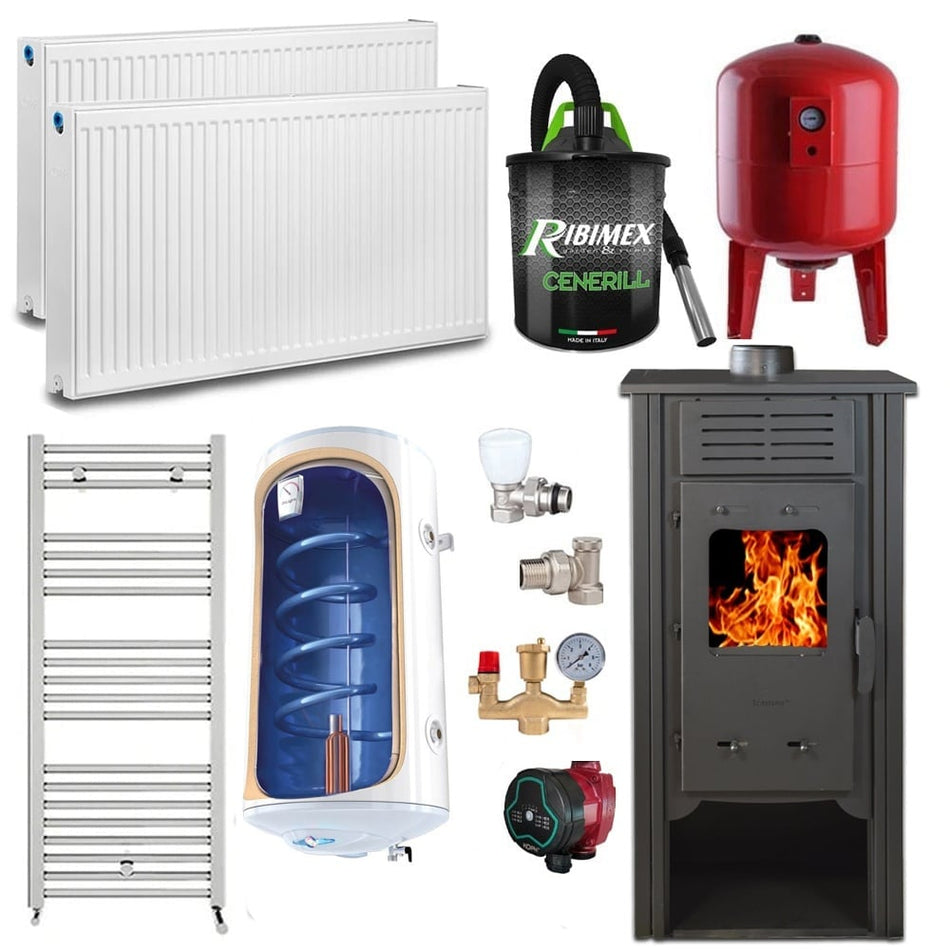 Pachet Termosemineu Termax Hydra, 6.5 kW, randament 75.5%, 43 m², Bej, Calorifere, Pompa Recirculare, Grup siguranta, Vas expansiune, Robineti tur/retur, Aspirator cenusa si Boiler termoelectric Tesy 80 litri