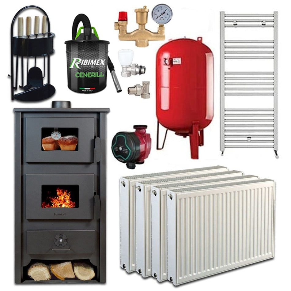 Pachet Termosoba pe lemn Termax Codru, 24.43 kW, cuptor integrat, randament 85.10%, 155 m², Negru, Calorifere, Pompa Recirculare, Vas expansiune, Robineti tur/retur si set accesorii