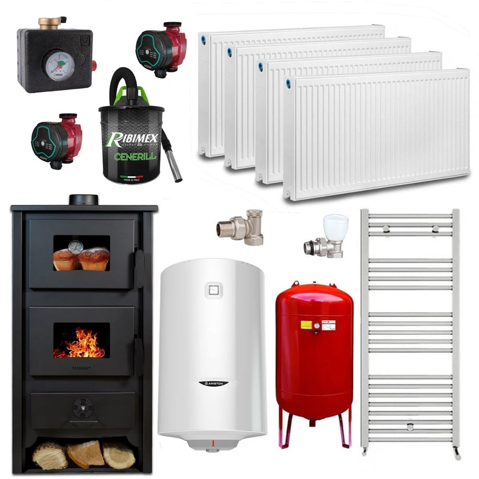 Pachet termosoba pe lemn Termax Codru, 24.43 kW, cuptor integrat, randament 85.10%, 155 m², Antracit, Calorifere, Pompe Recirculare, Grup siguranta, Vas expansiune, Robineti tur/retur, Aspirator cenusa si Boiler termoelectric Ariston 100 litri