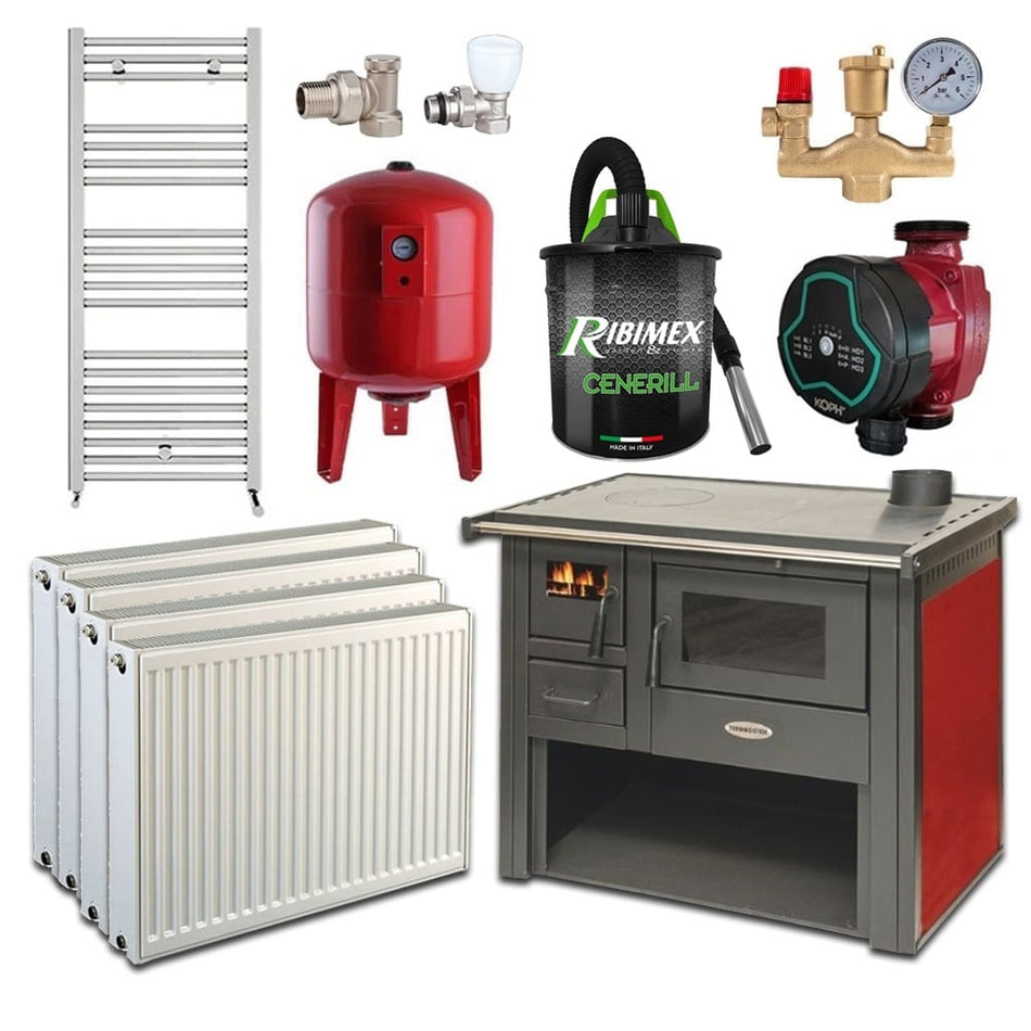 Pachet Termosoba pe lemn Termax Culina, 12.05 kW, evacuare pe dreapta, cuptor integrat, randament 85.29%, 80 m², Calorifere, Pompa Recirculare, Grup siguranta, Vas expansiune, Robineti tur/retur