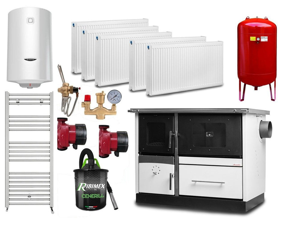 Pachet termosoba tip centrala pe lemn Termax Maria 25 kW din otel, evacuare pe stanga, Calorifere, Pompe Recirculare, Vas Expansiune, Boiler Termoelectric 100 litri