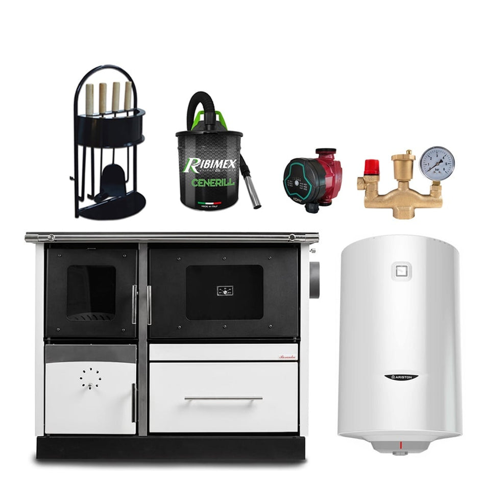 Pachet termosoba pe lemn Termax Maria 25 kW din otel, evacuare pe stanga, cuptor, 150 mp, Alb, pompa recirculare, grup siguranta, set accesorii, aspirator cenusa si boiler termoelectric 100 litri