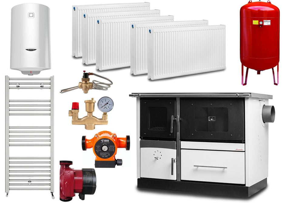 Pachet termosoba tip centrala pe lemn Termax Maria 25 kW din otel, evacuare pe stanga, Calorifere, Pompe Recirculare, Vas Expansiune, Boiler Termoelectric 100 litri