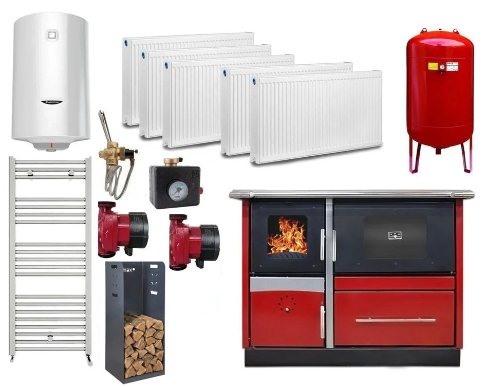Pachet termosoba pe lemn Termax Maria 25 kW din otel, evacuare pe dreapta, cuptor, design modern si functional, 150 mp, Bordo, Calorifere, Pompe Recirculare, Vas Expansiune, Boiler Termoelectric 100 litri