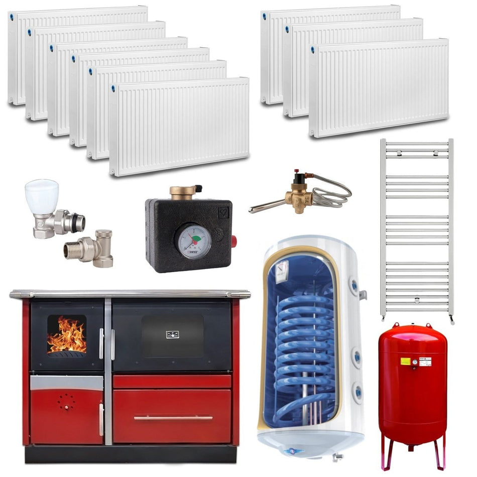 Pachet termosoba pe lemn Termax Maria 35 kW din otel, evacuare pe dreapta, cuptor, design modern si functional, 230 mp, Calorifere, Boiler termoelectric Tesy 120 litri, Vas expansiune 50 litri