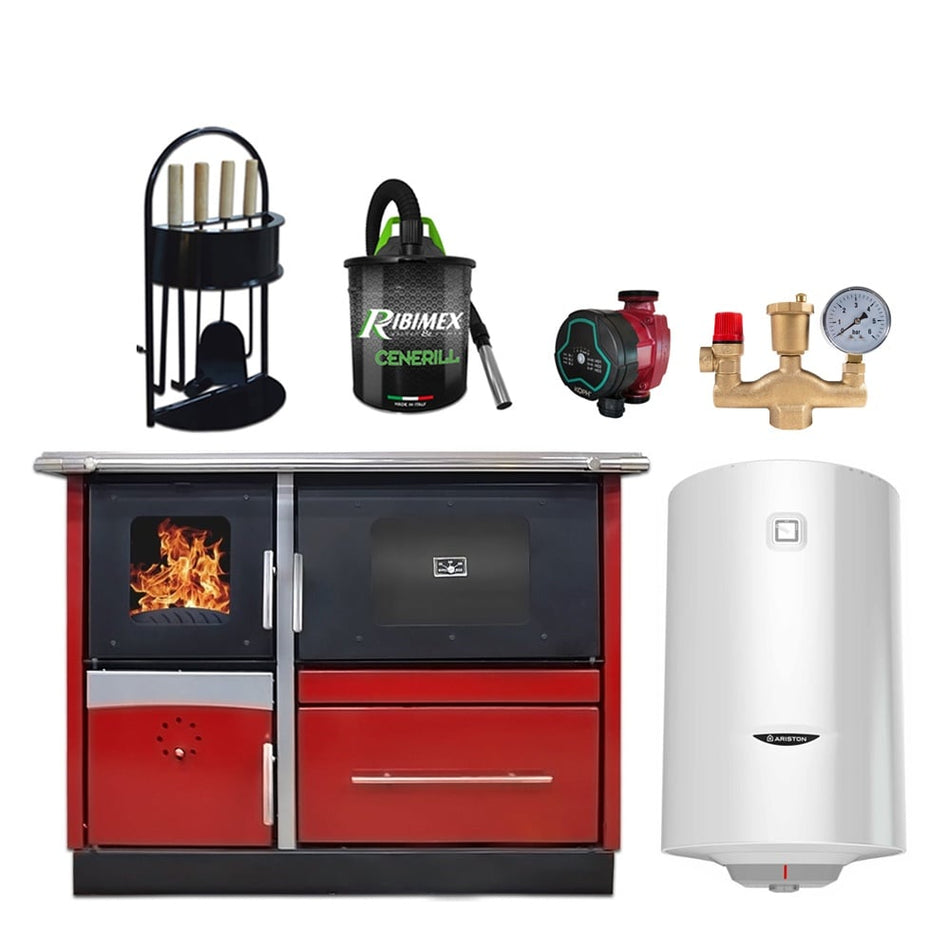 Pachet termosoba pe lemn Termax Maria 35 kW din otel, evacuare pe dreapta, cuptor, 230 mp, Bordo, pompa recirculare, grup siguranta, set accesorii, aspirator cenusa si boiler termoelectric 100 litri