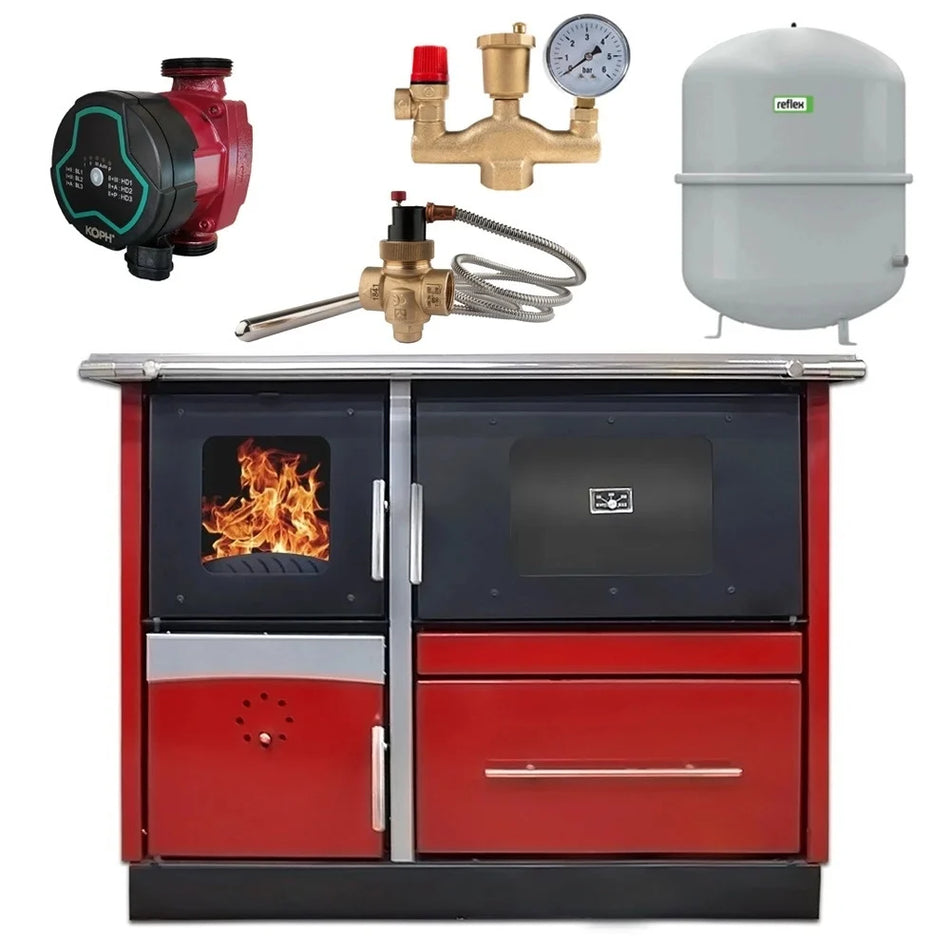 Pachet termosoba pe lemn Termax Maria 25 kW din otel, evacuare pe dreapta, cuptor, design modern si functional, 150 mp, Bordo, Grup siguranta, Vas expansiune, Supapa termica si Pompa recirculare