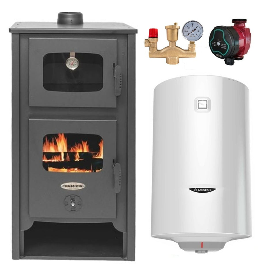 Pachet Termosoba pe lemn Termax Robot Special, 24.43 kW, cuptor integrat, randament 85.10%, 155 m², Negru, Grup siguranta, Pompa recirculare si Boiler termoelectric Ariston 100 litri