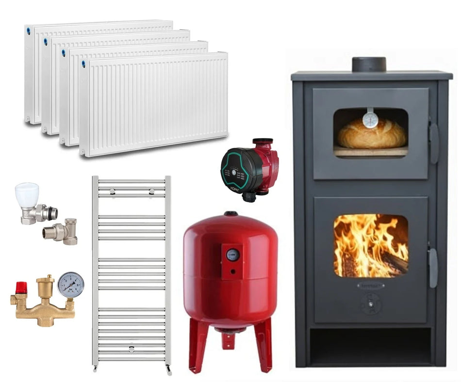 Pachet Termosoba pe lemn Termax Robot Special, 24.43 kW, cuptor integrat, randament 85.10%, 155 m², Negru, Calorifere, Pompe Recirculare, Grup siguranta, Vas expansiune, Robineti tur/retur, Aspirator cenusa si Boiler termoelectric Ariston 100 litri