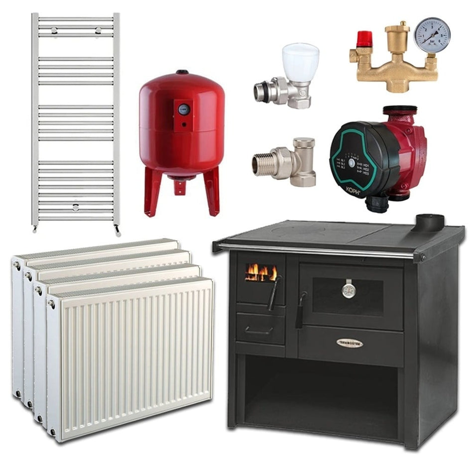 Pachet Termosoba pe lemn Termax Voinic, 12.05 kW, evacuare pe dreapta, cuptor integrat, randament 85.29%, 80 m², Calorifere, Pompa Recirculare, Grup siguranta, Vas expansiune, Robineti tur/retur