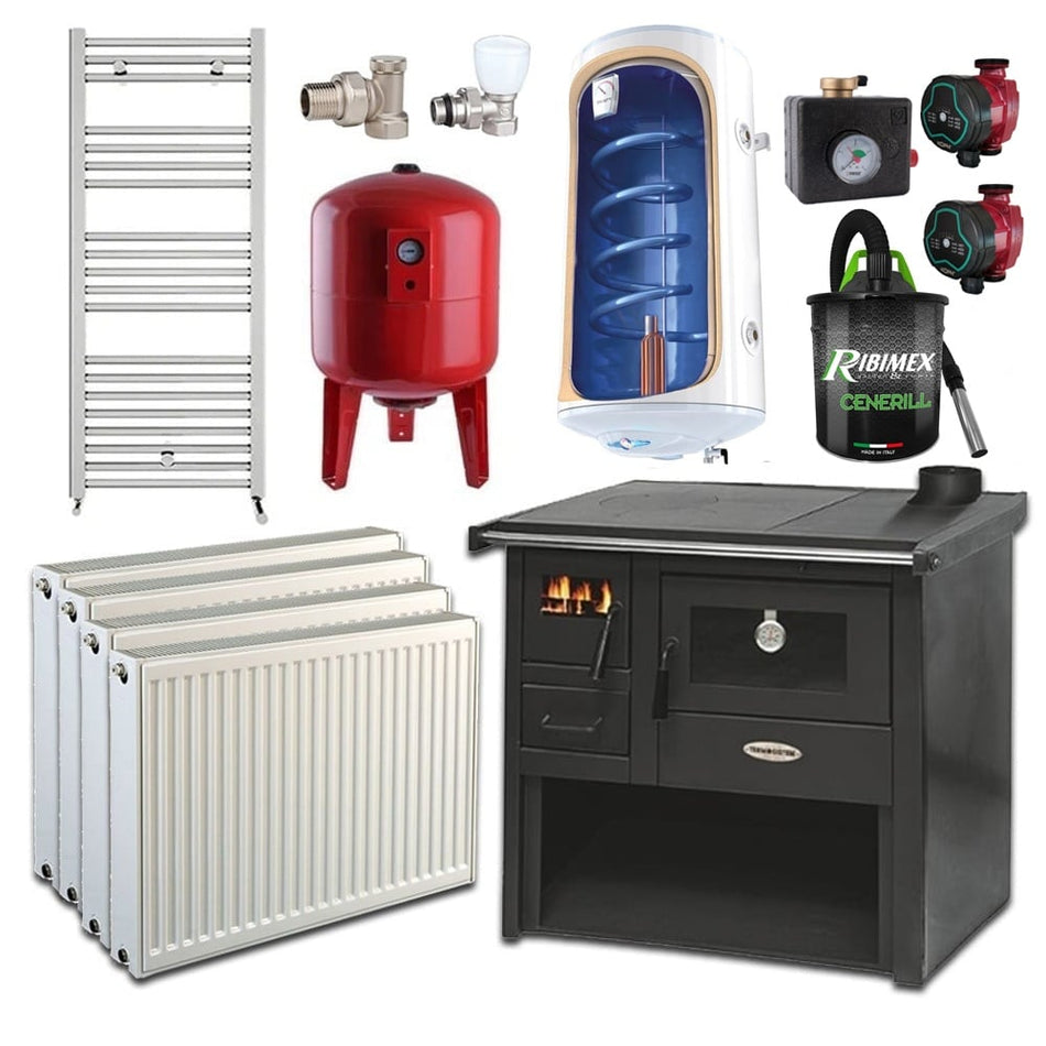 Pachet termosoba pe lemn Termax Voinic, 12.05 kW, evacuare pe dreapta, cuptor integrat, randament 85.29%, 80 m², Negru, Calorifere, Pompe Recirculare, Grup siguranta, Vas expansiune, Robineti tur/retur, Aspirator cenusa si Boiler termoelectric Tesy 80 L