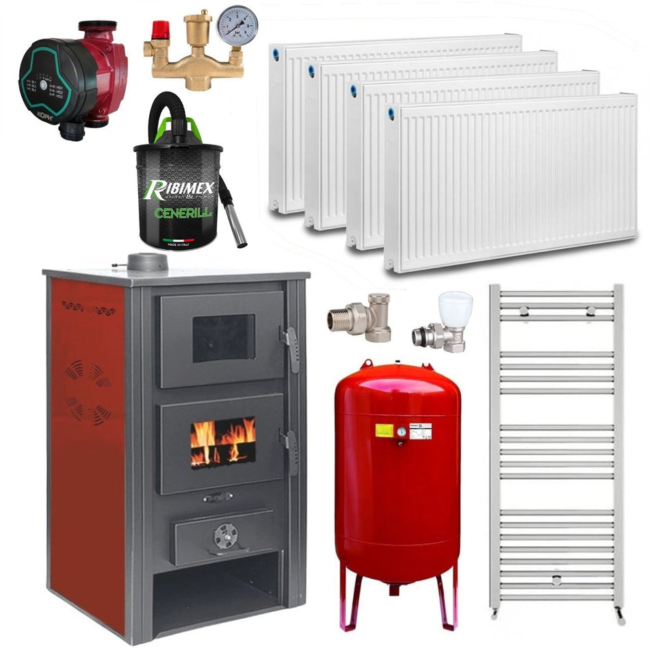 Pachet termosoba pe lemn Termax Zorile, 24.43 kW, cuptor integrat, randament 85.10%, 155 m², Calorifere, Pompa Recirculare, Vas expansiune, Robineti tur/retur
