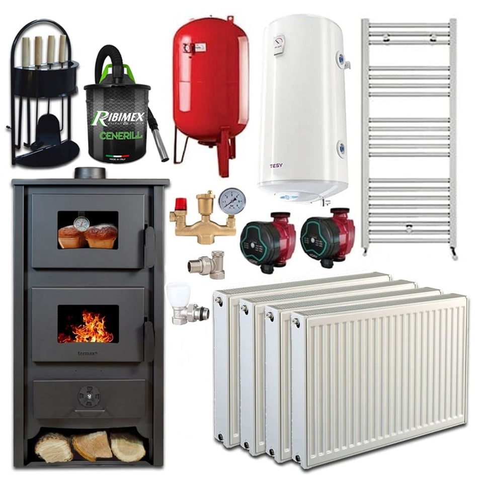 Pachet Termosoba pe lemn Termax Zorile, 24.43 kW, cuptor integrat, randament 85.10%, 155 m², Bordo, Calorifere, Pompe Recirculare, Vas expansiune, Robineti tur/retur, Boiler termoelectric 100 litri si set accesorii