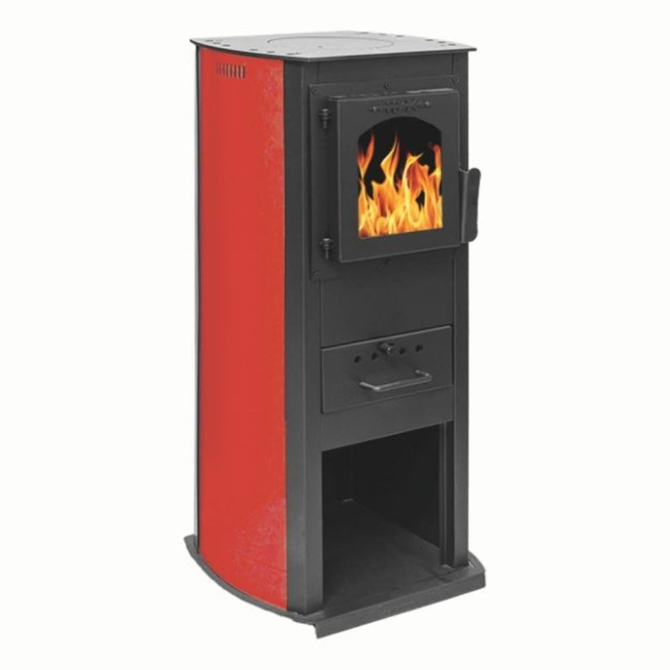 Soba pe lemn Termax Corex, 6.11 kW, evacuare spate, randament 86.49%, 40 m², spatiu depozitare lemne, Rosu