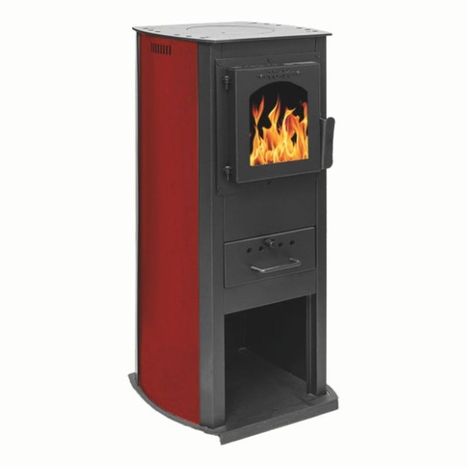 Soba pe lemn Termax Corex, 6.11 kW, evacuare spate, randament 86.49%, 40 m², spatiu depozitare lemne, Bordo