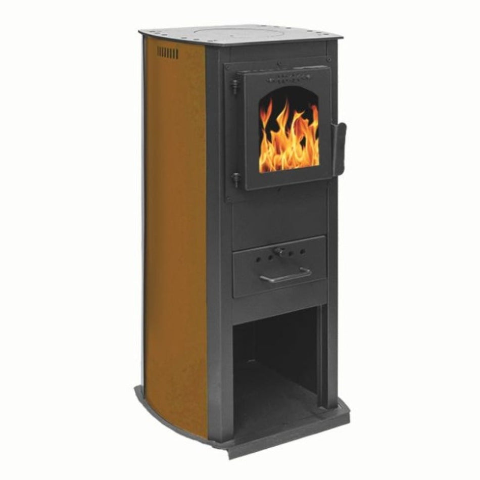 Soba pe lemn Termax Corex, 6.11 kW, evacuare spate, randament 86.49%, 40 m², spatiu depozitare lemne, Maro