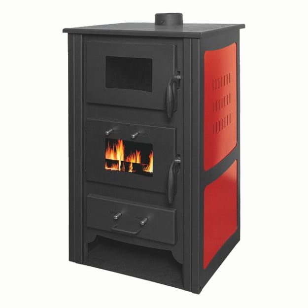 Soba pe lemn Termax Doina, 12.2 kW, randament 84.17%, 80 m², spatiu depozitare lemne, cuptor de gatit integrat, Bordo