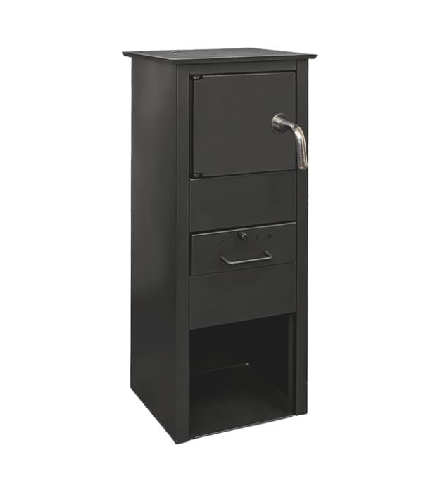 Soba pe lemn Termax Mia, 6.11 kW, evacuare spate, randament 86.49%, 40 m², spatiu depozitare lemne, Negru