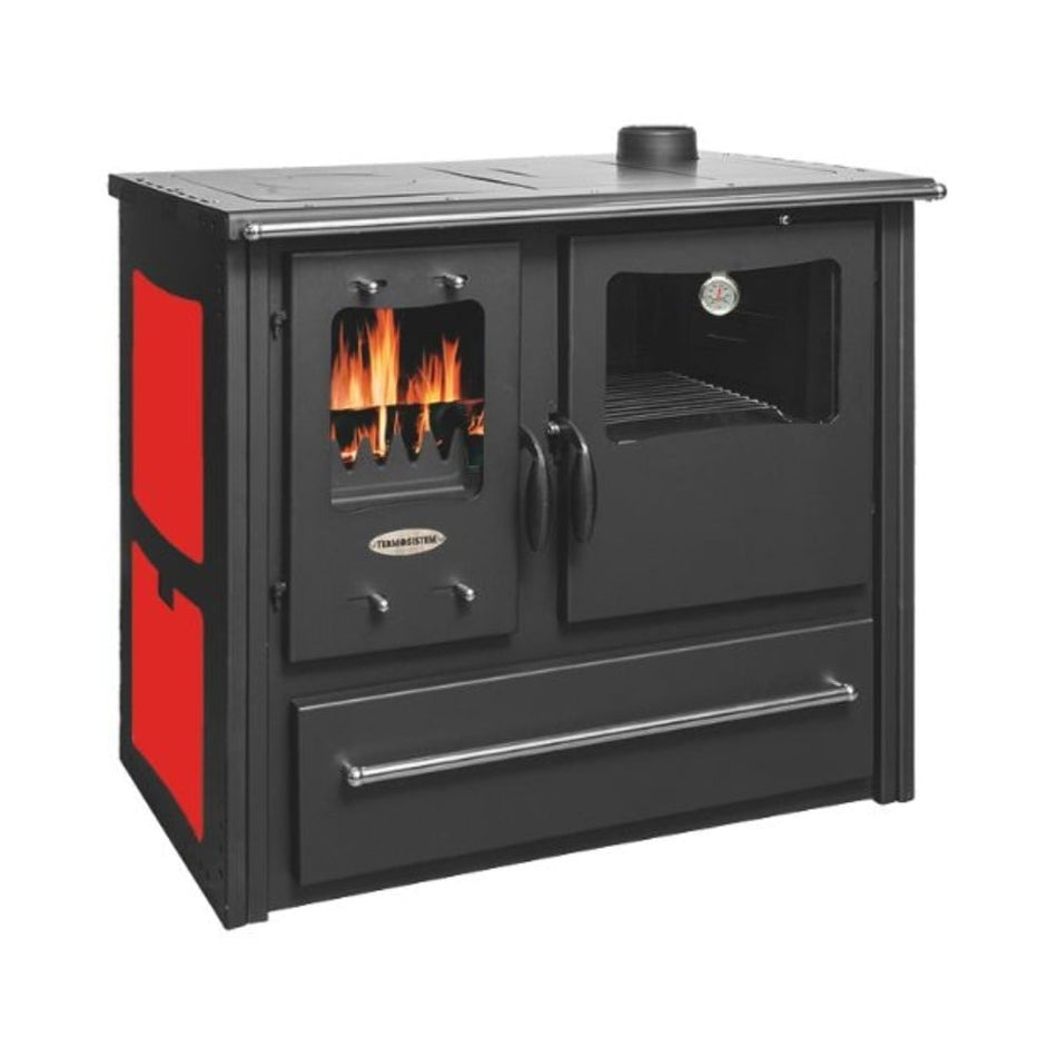 Soba pe lemn Termax Rustik, Fonta, 9.5 kW, evacuare pe dreapta, cuptor integrat, randament 76.1%, 63 m², Rosu