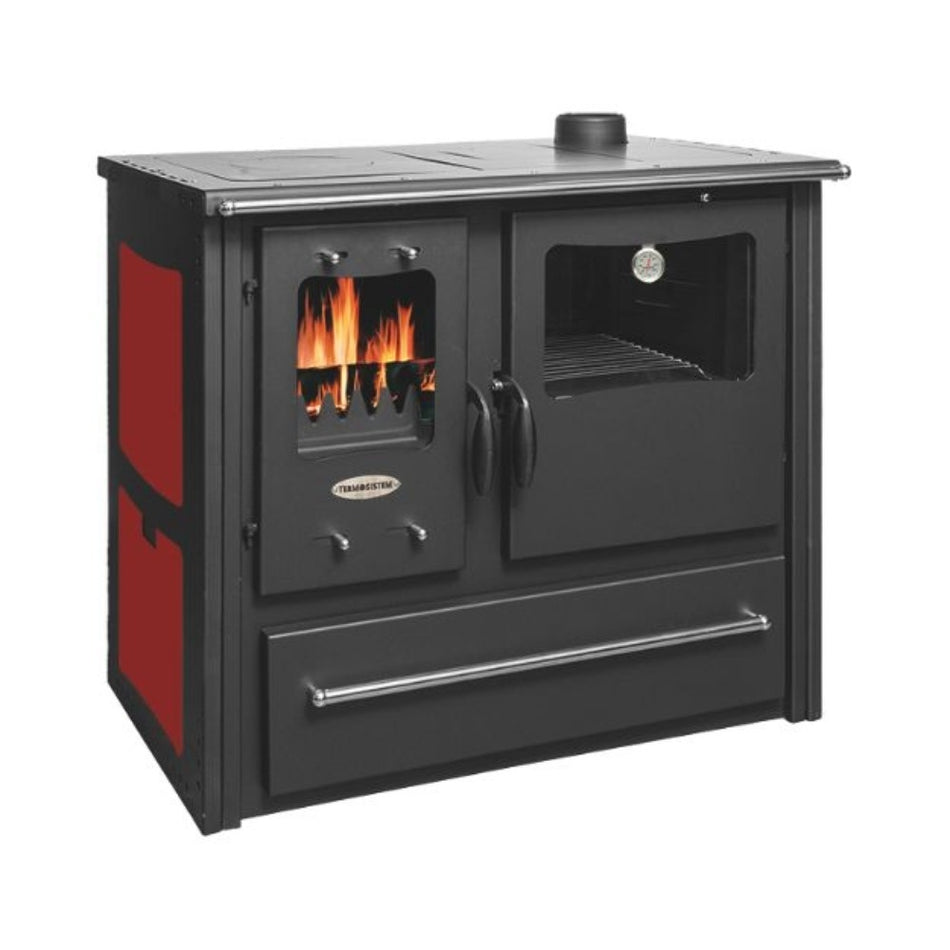 Soba pe lemn Termax Rustik, Fonta, 9.5 kW, evacuare pe dreapta, cuptor integrat, randament 76.1%, 63 m², Bordo