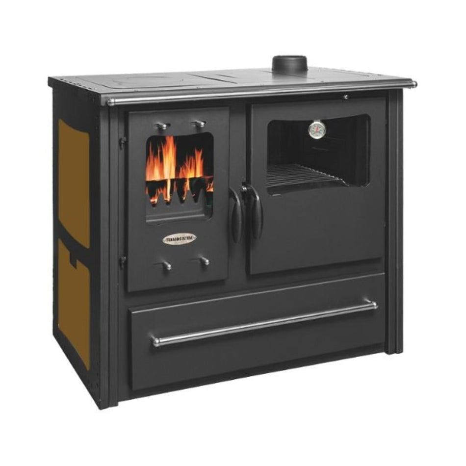 Soba pe lemn Termax Rustik, Fonta, 9.5 kW, evacuare pe dreapta, cuptor integrat, randament 76.1%, 63 m², Maro