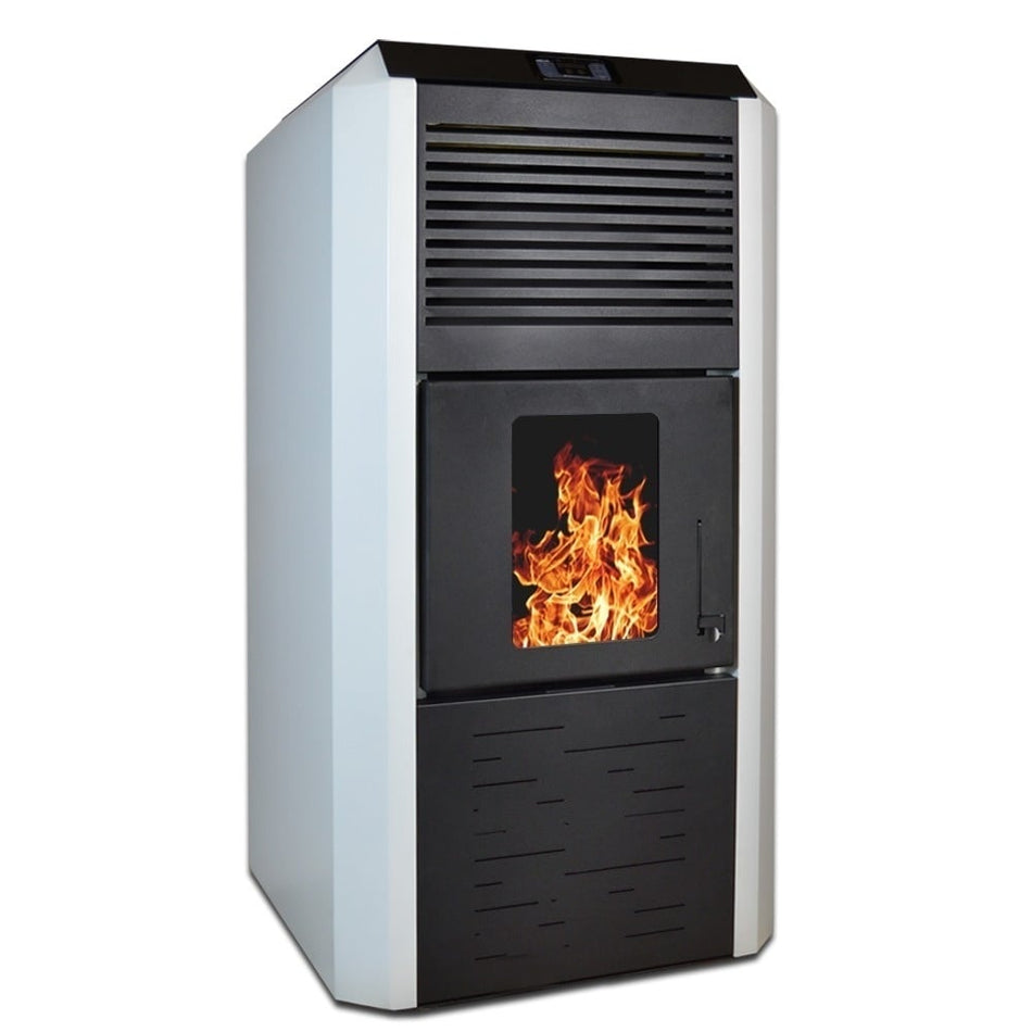 Termosemineu cu peleti Termax Kamin ECO, 30 kW, 220 mp, buncar peleti 55 kg, volum apa 49 litri, diametru cos fum ⌀80 mm, vas expansiune si pompa recirculare incluse, Alb