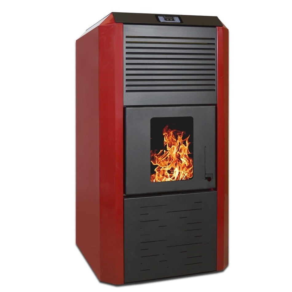Termosemineu cu peleti Termax Kamin ECO, 30 kW, 220 mp, buncar peleti 55 kg, volum apa 49 litri, diametru cos fum ⌀80 mm, vas expansiune si pompa recirculare incluse, Bordo