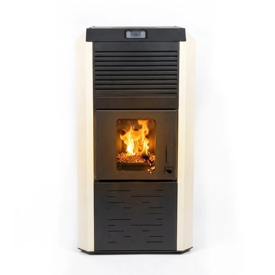 Termosemineu cu peleti Termax Kamin ECO, 30 kW, 220 mp, buncar peleti 55 kg, volum apa 49 litri, diametru cos fum ⌀80 mm, vas expansiune si pompa recirculare incluse, Crem