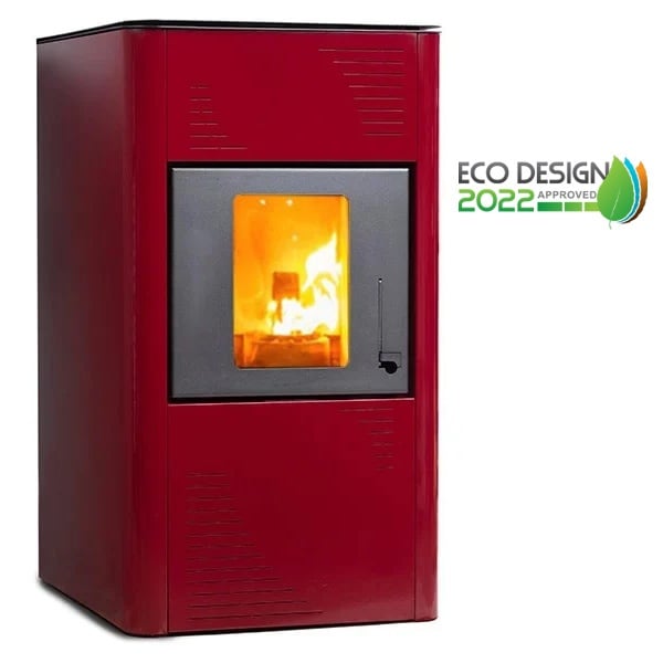 Termosemineu pe peleti Termax Kamin PM 15 kW, 120 mp, buncar peleti 30 kg, volum apa 30 litri, diametru cos fum ⌀80 mm, vas expansiune si pompa recirculare incluse, Bordo