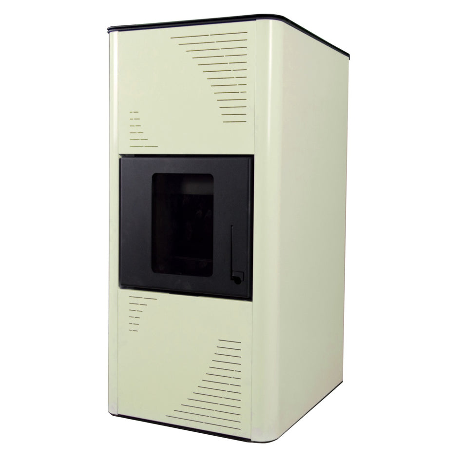 Termosemineu pe peleti Termax Kamin PM 15 kW, 120 mp, buncar peleti 30 kg, volum apa 30 litri, diametru cos fum ⌀80 mm, vas expansiune si pompa recirculare incluse, Crem