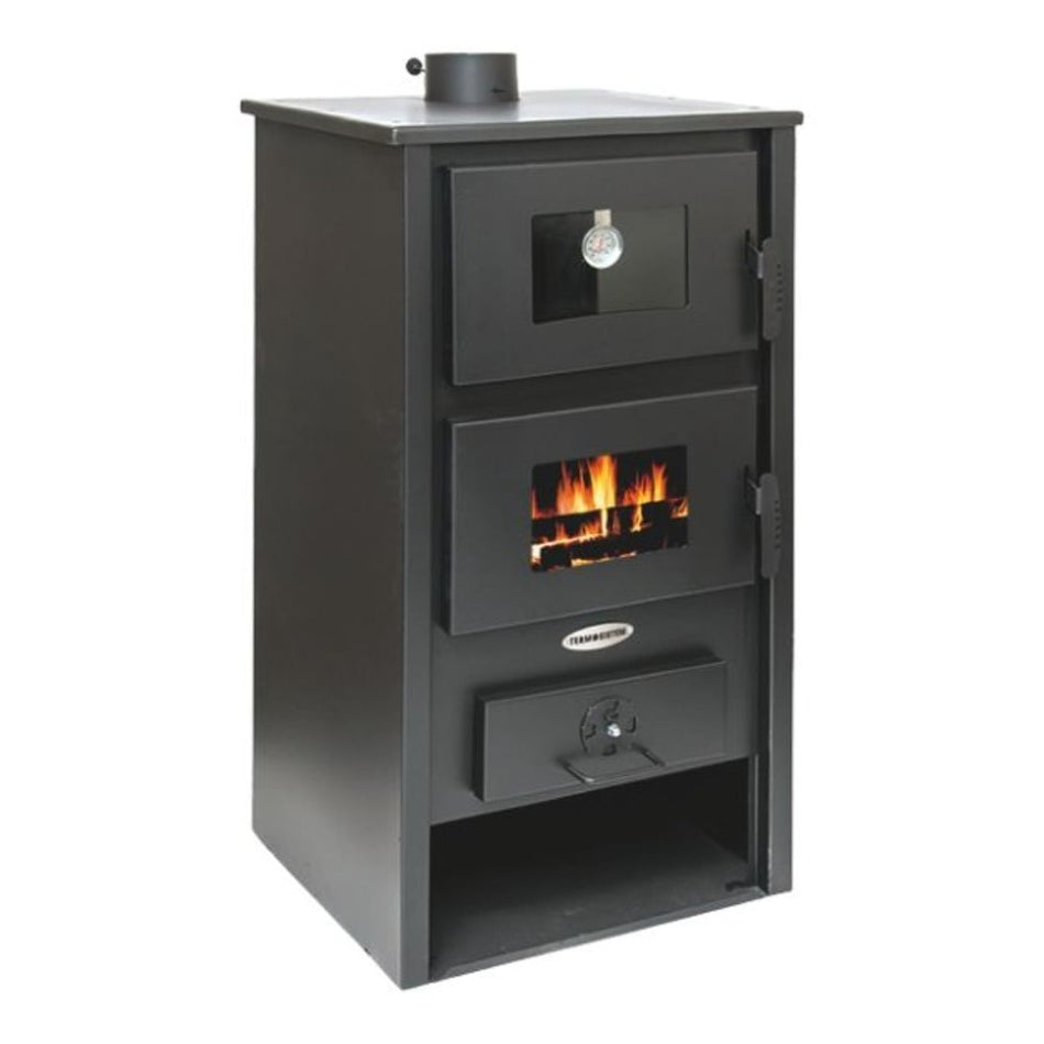 Termosoba pe lemn Termax Codru, 24.43 kW, cuptor integrat, randament 85.10%, 155 m², Negru