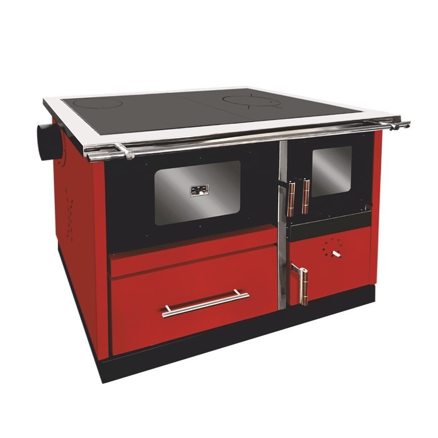 Termosoba tip centrala pe lemn Termax Maria 25 kW din otel, evacuare pe dreapta, cuptor, design modern si functional, 150 mp, Bordo