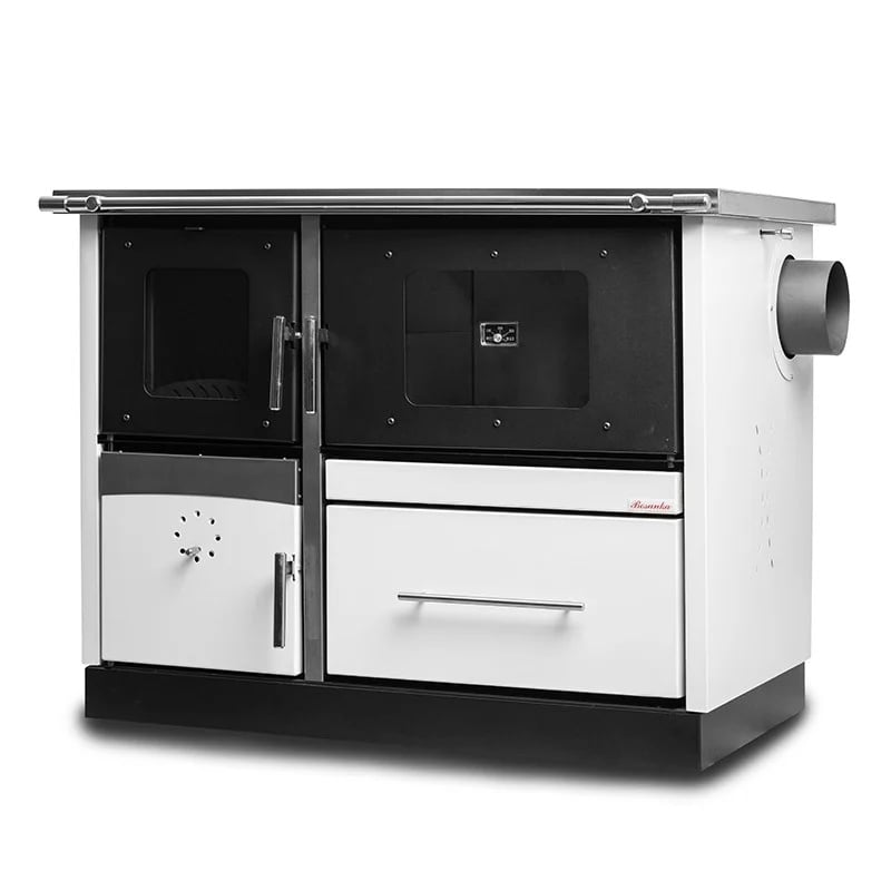 Termosoba tip centrala pe lemn Termax Maria 25 kW din otel, evacuare pe dreapta, cuptor, design modern si functional, 150 mp, Alb