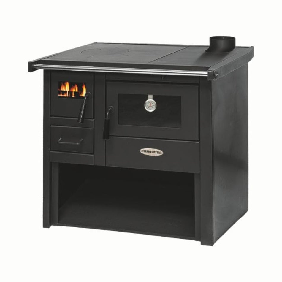 Termosoba pe lemn Termax Voinic, 12.05 kW, evacuare pe dreapta, cuptor integrat, randament 85.29%, 80 m², Negru