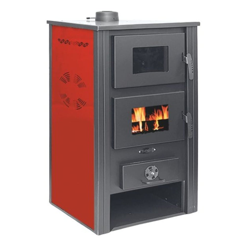 Termosoba pe lemn Termax Zorile, 24.43 kW, cuptor integrat, randament 85.10%, 155 m², Rosu