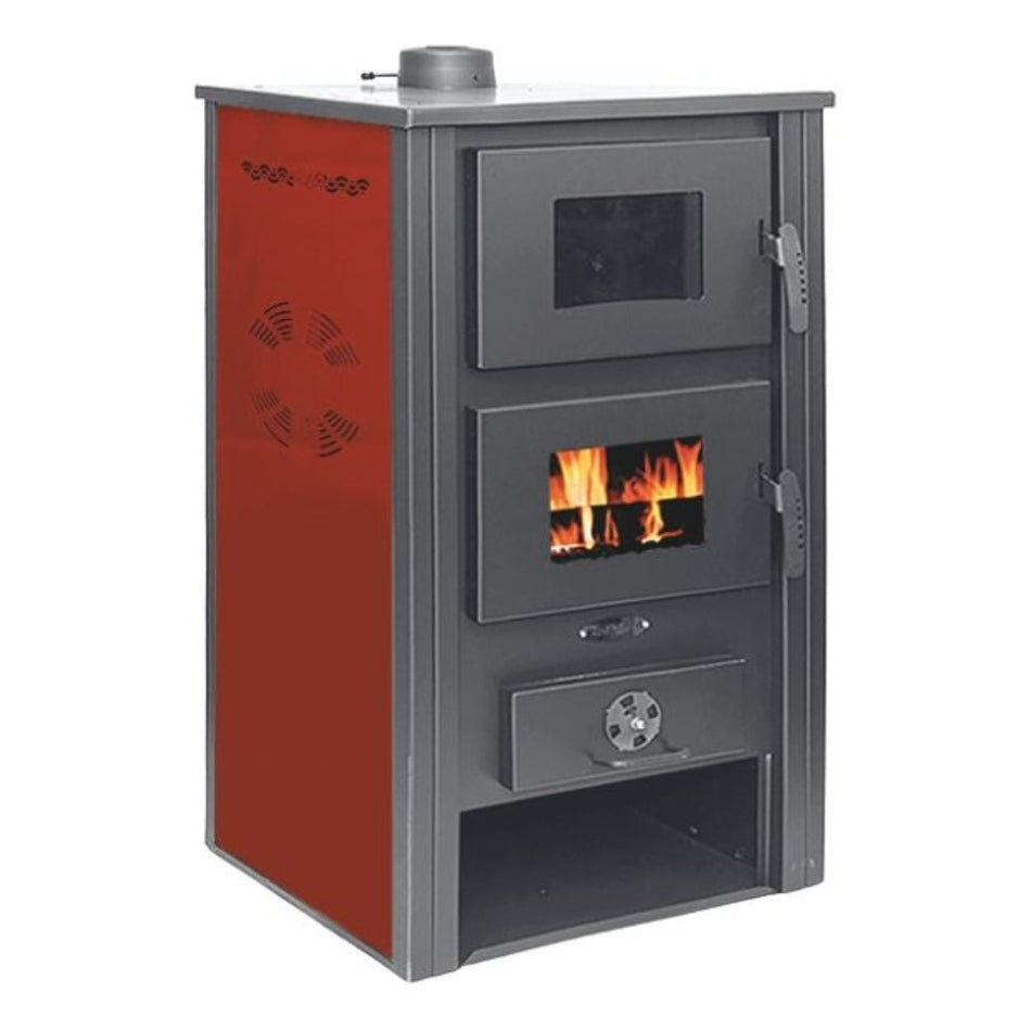Termosoba pe lemn Termax Zorile, 24.43 kW, cuptor integrat, randament 85.10%, 155 m², Bordo