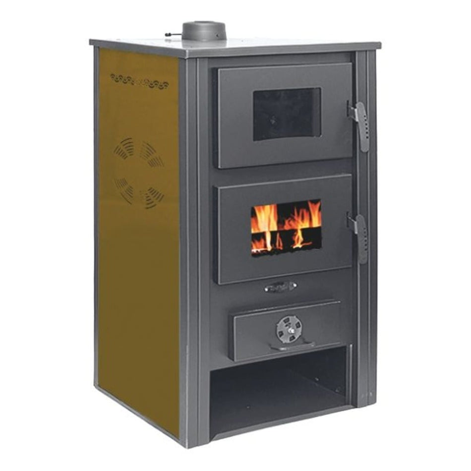 Termosoba pe lemn Termax Zorile, 24.43 kW, cuptor integrat, randament 85.10%, 155 m², Maro